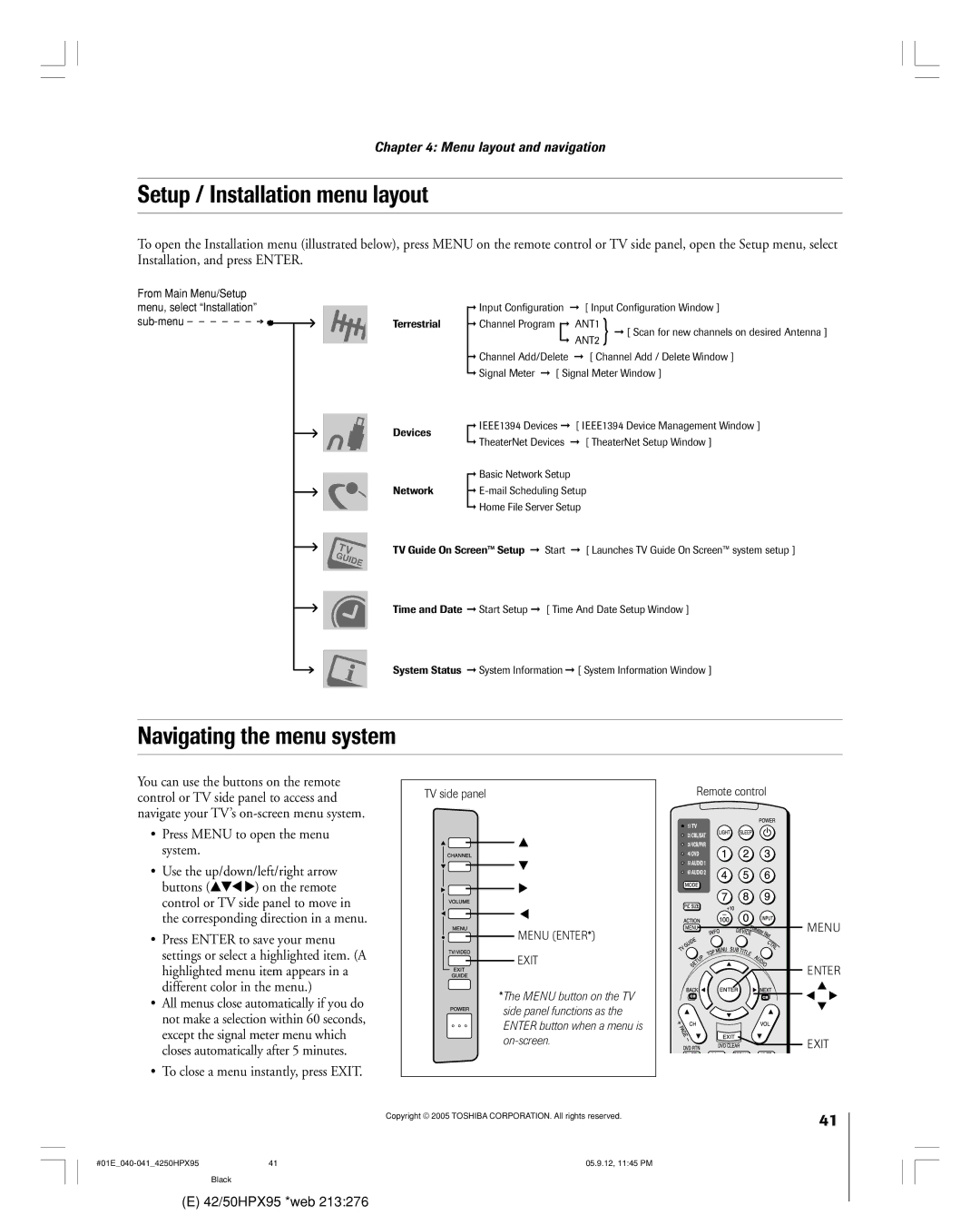 Toshiba 42HPX95 Setup / Installation menu layout, Navigating the menu system, ¥ Press Menu to open the menu system 