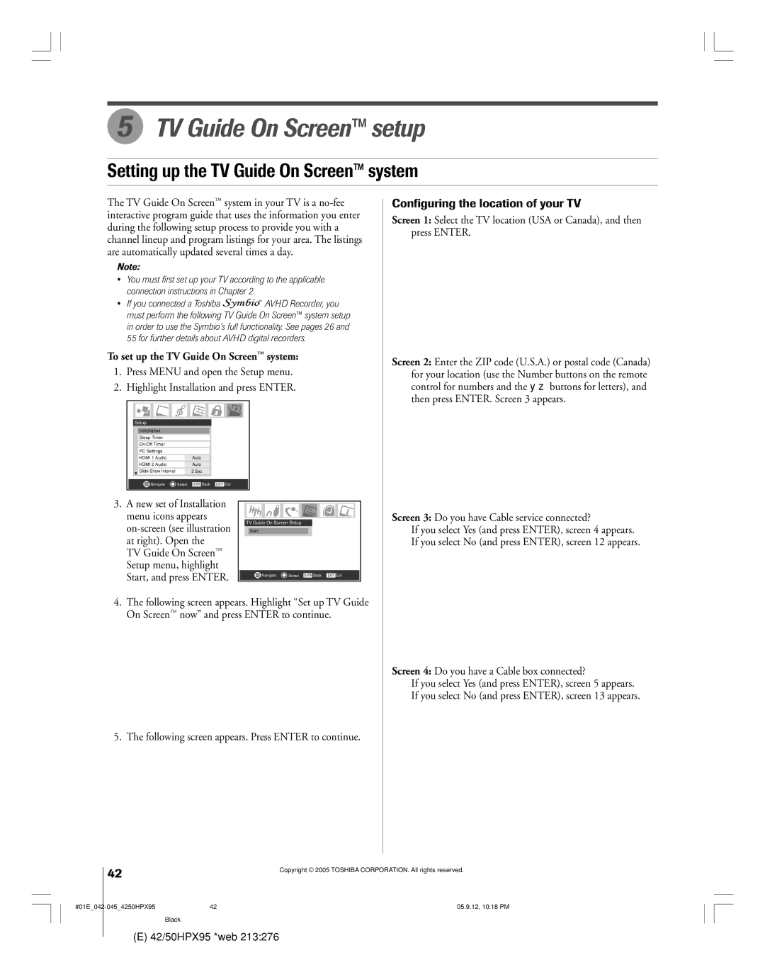 Toshiba 42HPX95 TV Guide On Screen setup, Setting up the TV Guide On Screen system, Configuring the location of your TV 