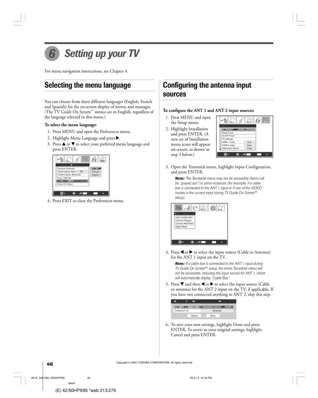 Toshiba 42HPX95 Setting up your TV, To configure the ANT 1 and ANT 2 input sources, To select the menu language 