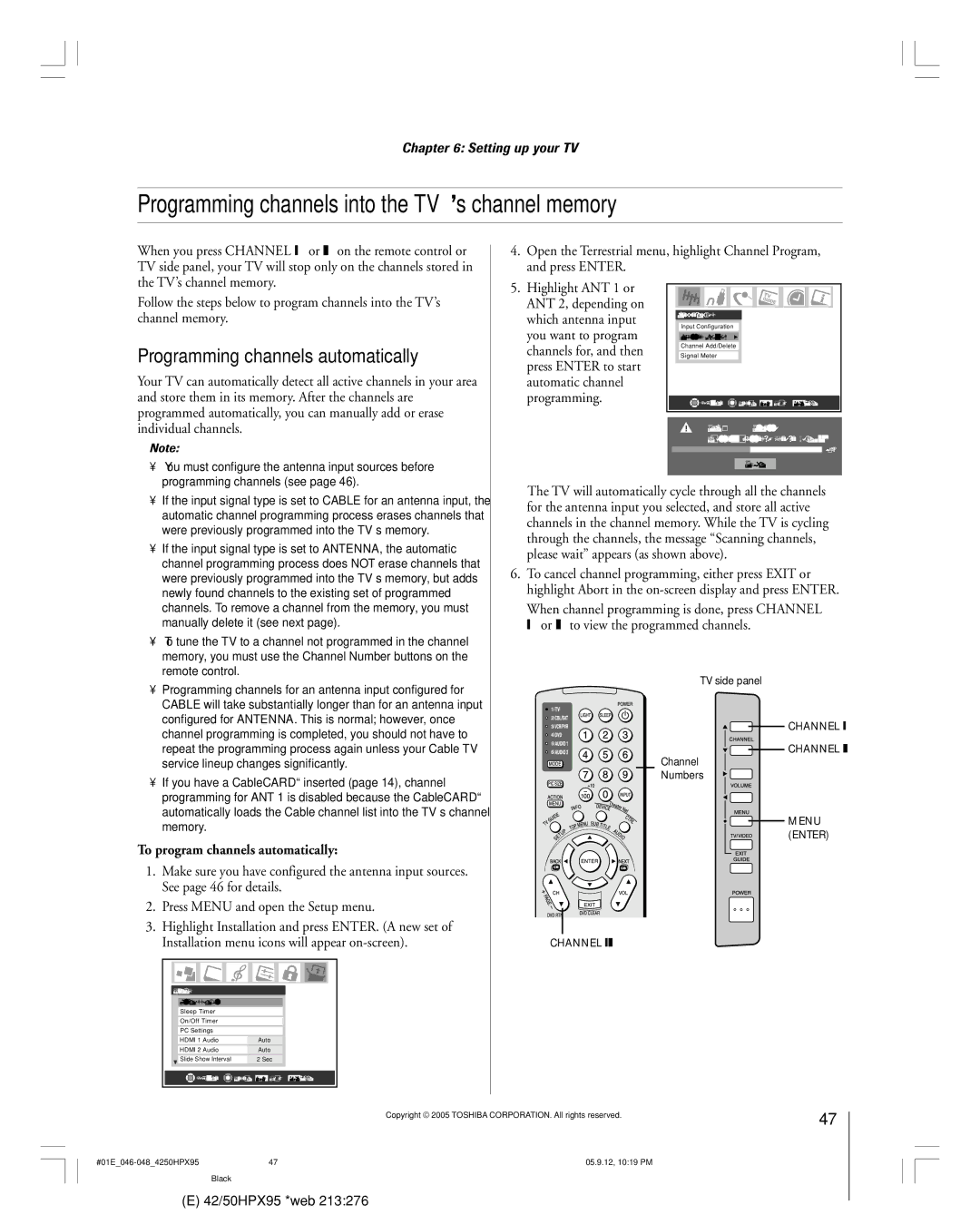 Toshiba 42HPX95 owner manual Programming channels into the TV’s channel memory, Programming channels automatically 