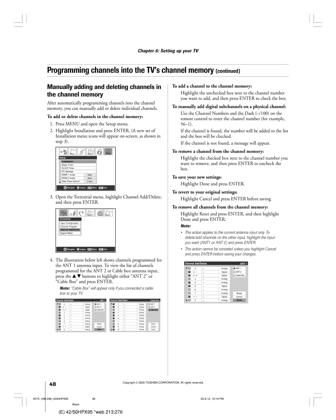 Toshiba 42HPX95 owner manual Manually adding and deleting channels in the channel memory 