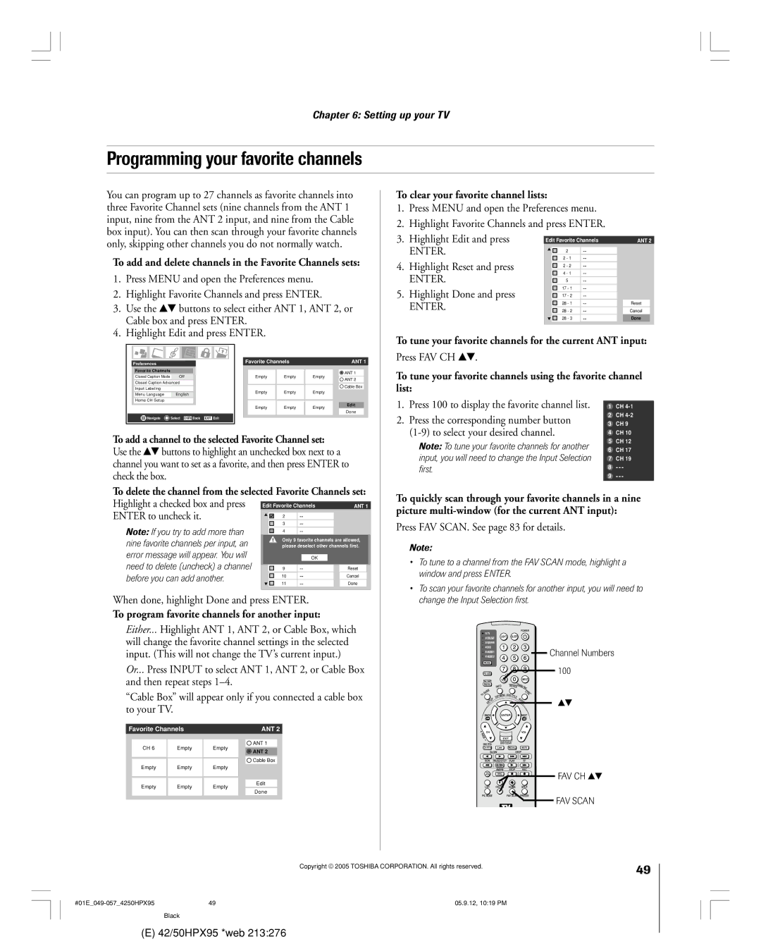 Toshiba 42HPX95 owner manual Programming your favorite channels, To add and delete channels in the Favorite Channels sets 