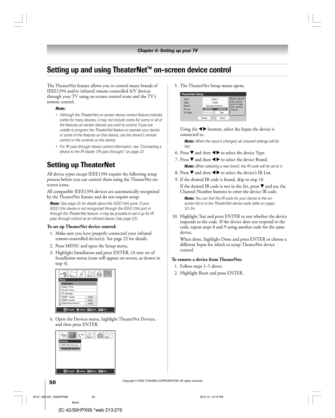 Toshiba 42HPX95 owner manual Setting up and using TheaterNet on-screen device control, Setting up TheaterNet 