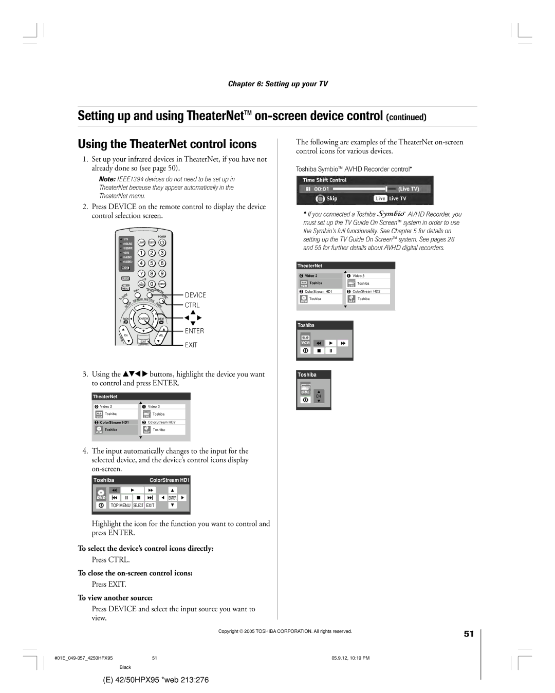 Toshiba 42HPX95 Using the TheaterNet control icons, To select the deviceÕs control icons directly, To view another source 