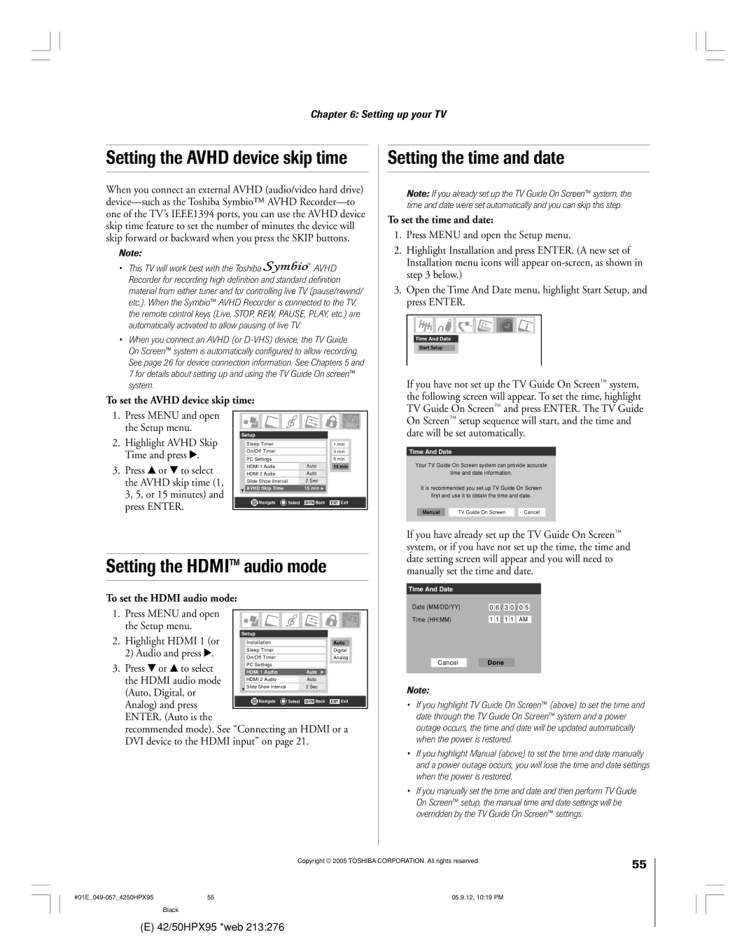 Toshiba 42HPX95 owner manual Setting the time and date, Setting the Hdmi audio mode, To set the Avhd device skip time 