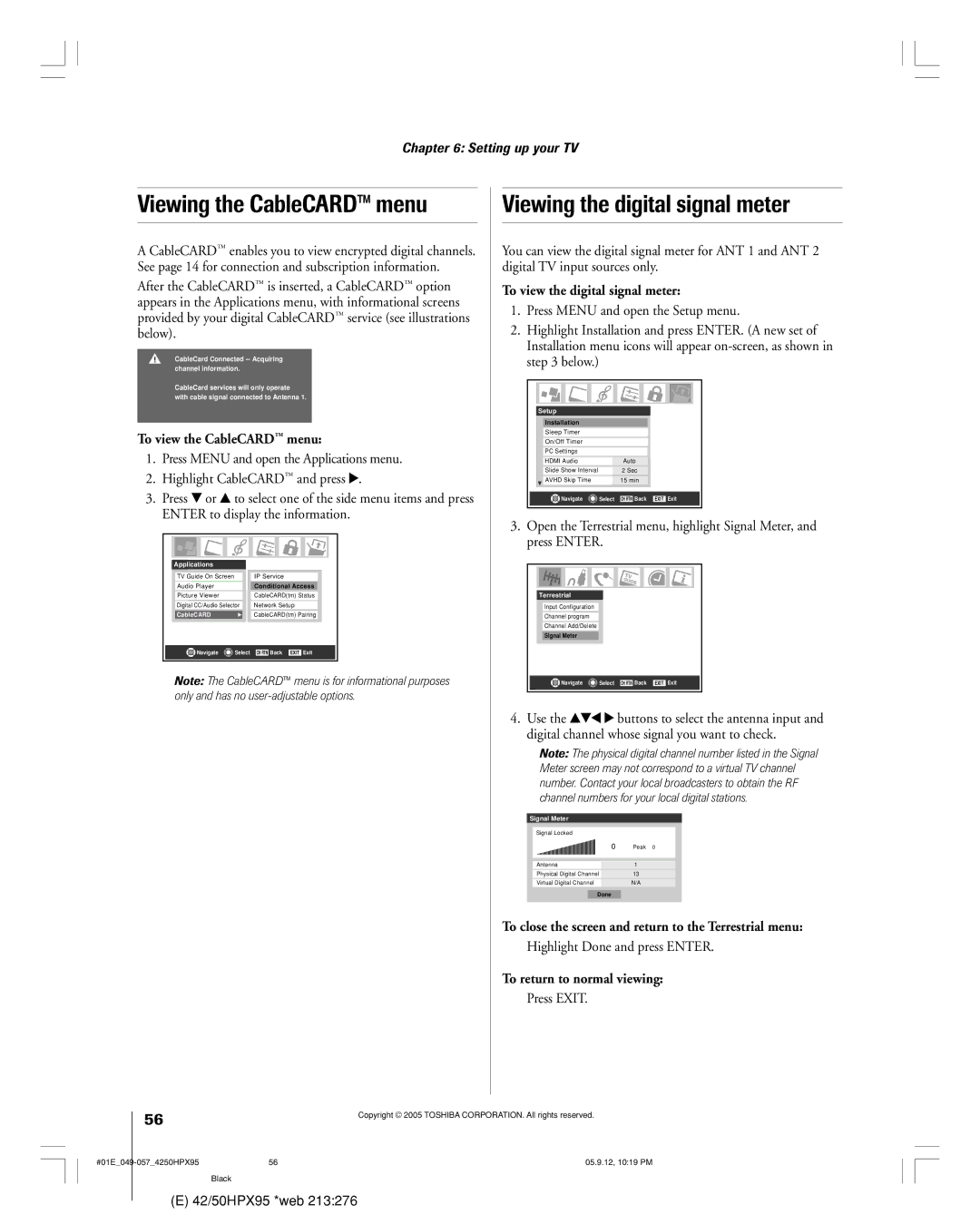 Toshiba 42HPX95 owner manual To view the digital signal meter, To view the CableCARD ª menu, To return to normal viewing 