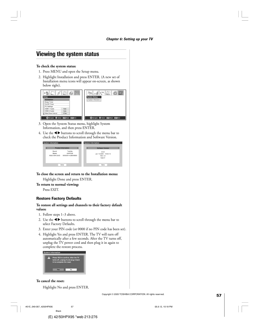 Toshiba 42HPX95 Viewing the system status, Restore Factory Defaults, To check the system status, To cancel the reset 