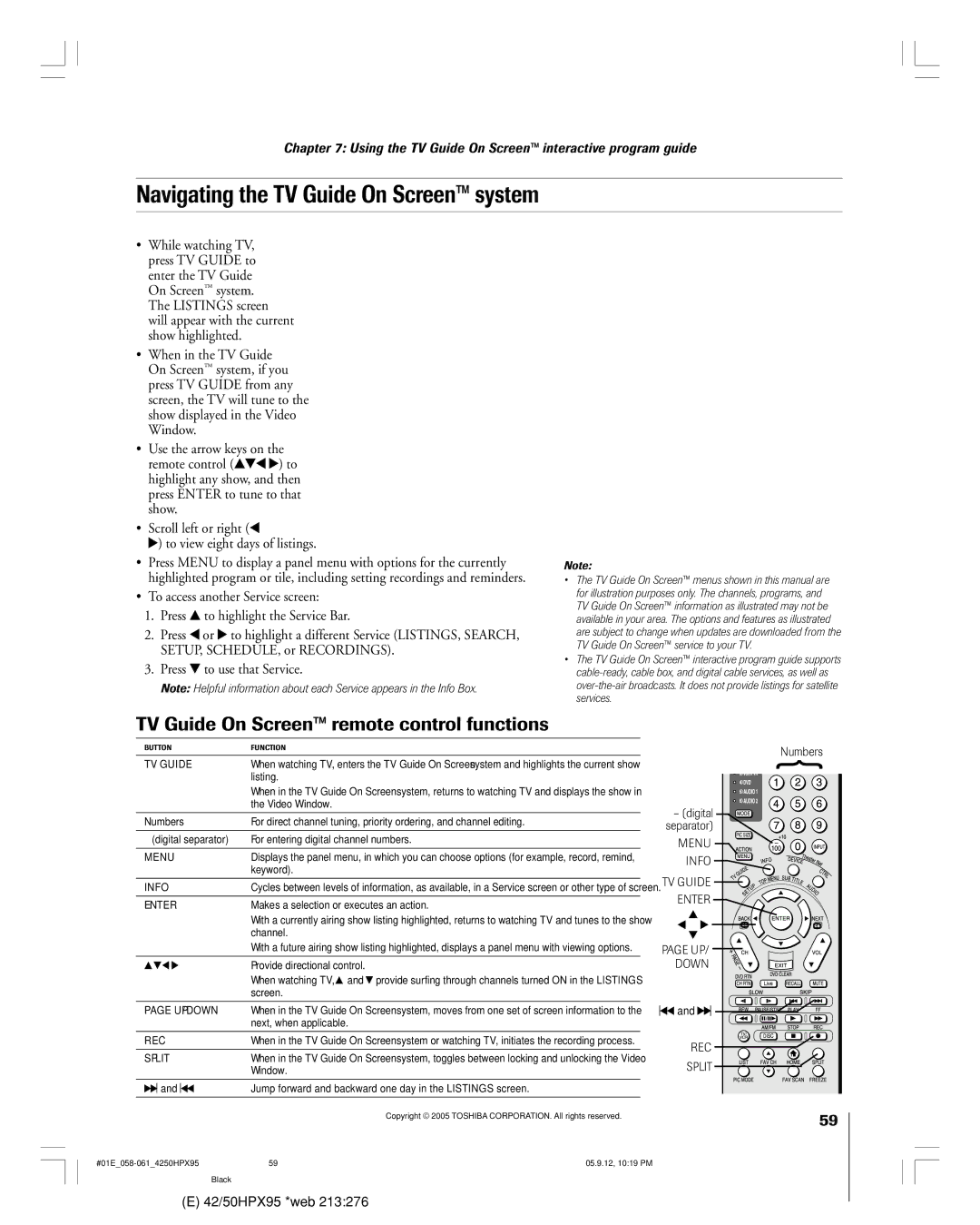 Toshiba 42HPX95 Navigating the TV Guide On Screen system, TV Guide On Screen remote control functions, REC Split 