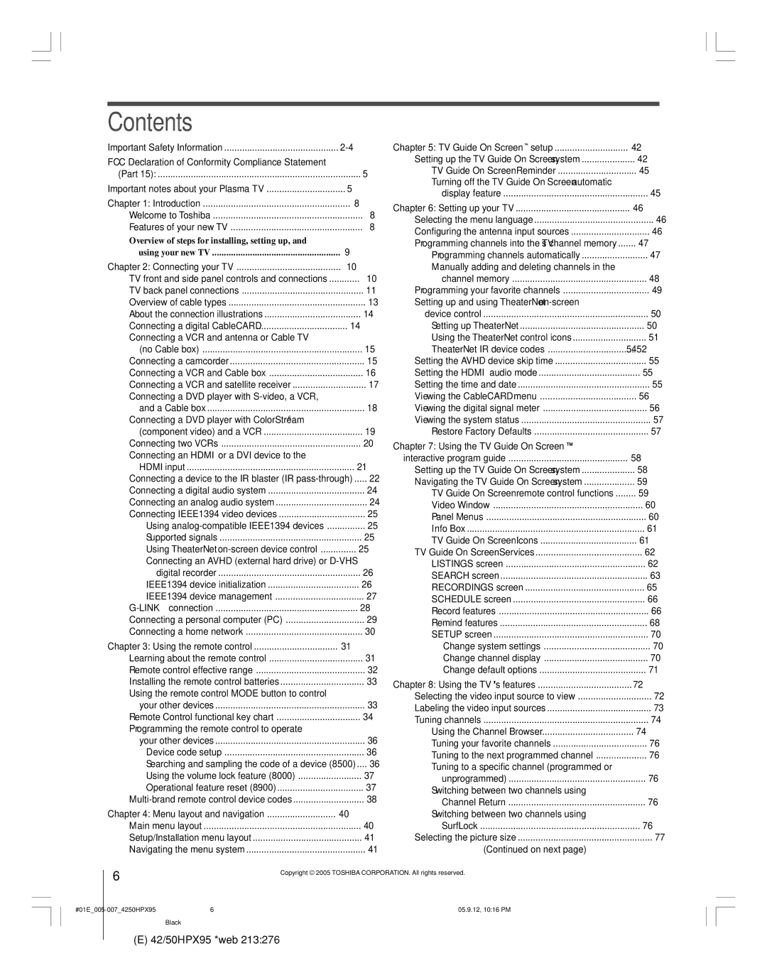 Toshiba 42HPX95 owner manual Contents 