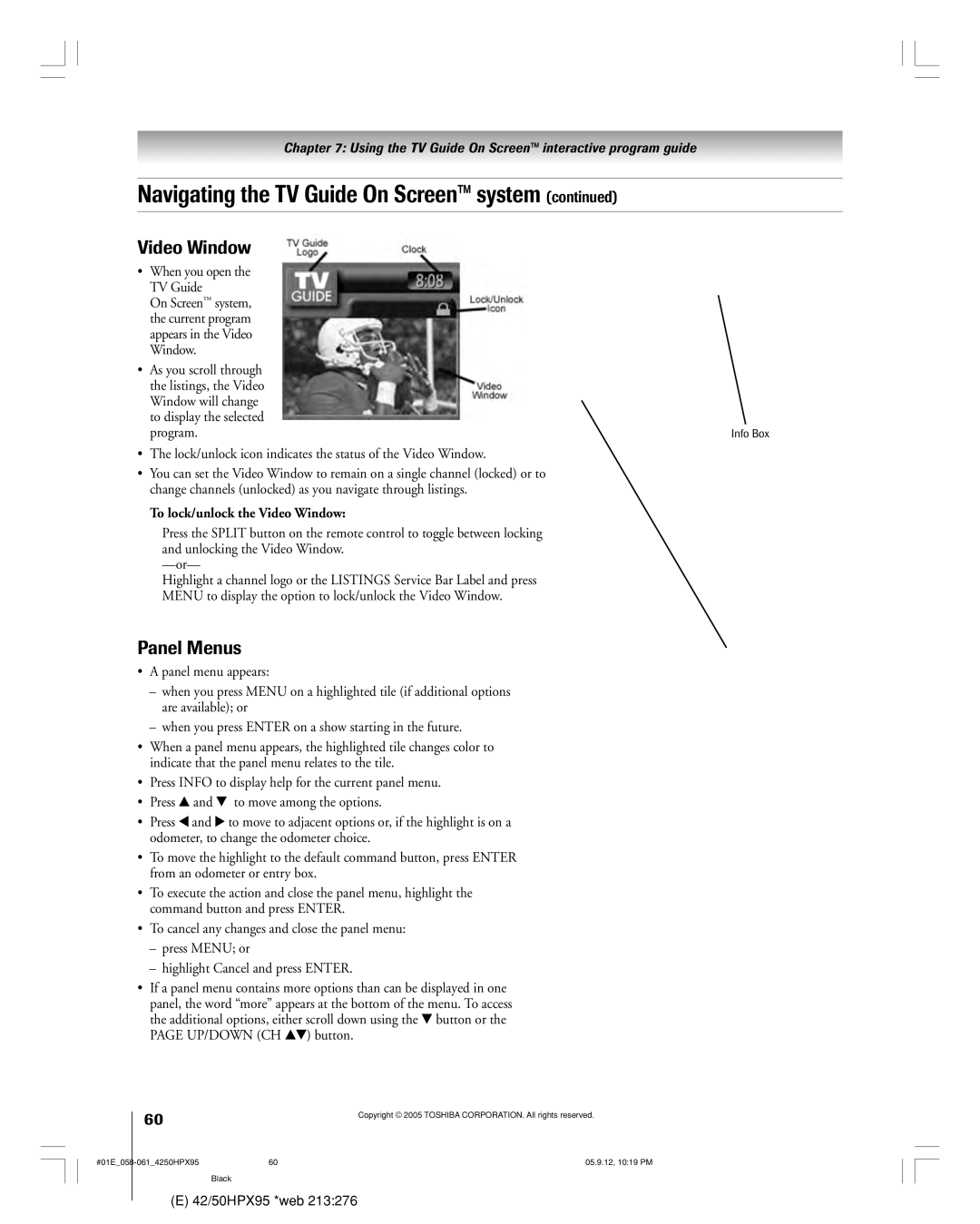 Toshiba 42HPX95 owner manual Panel Menus, To lock/unlock the Video Window 