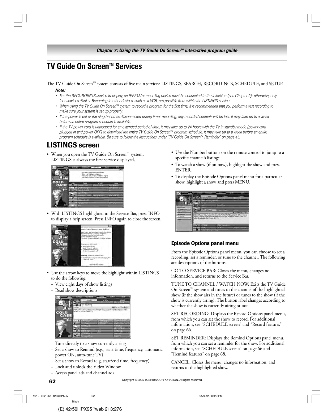 Toshiba 42HPX95 owner manual TV Guide On Screen Services, Listings screen, Episode Options panel menu 