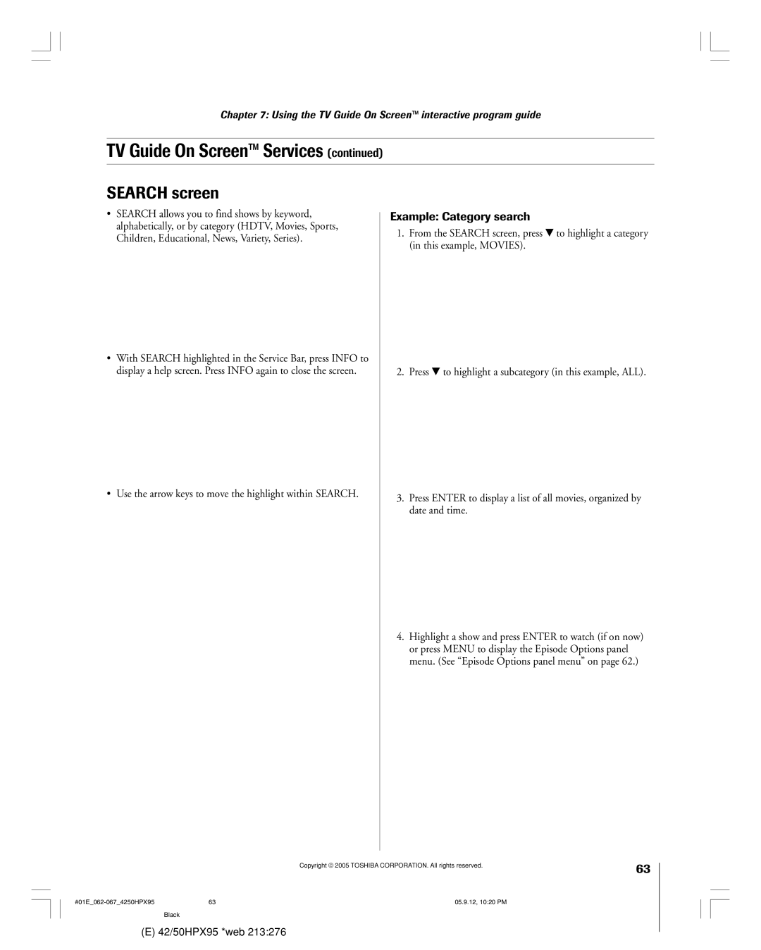 Toshiba 42HPX95 owner manual Search screen, Example Category search 