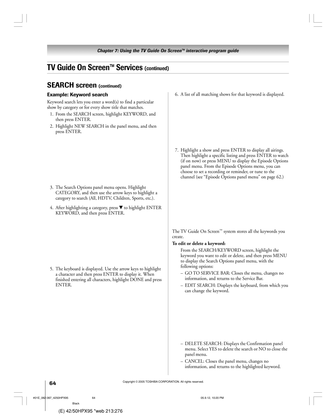 Toshiba 42HPX95 owner manual Example Keyword search, To edit or delete a keyword 