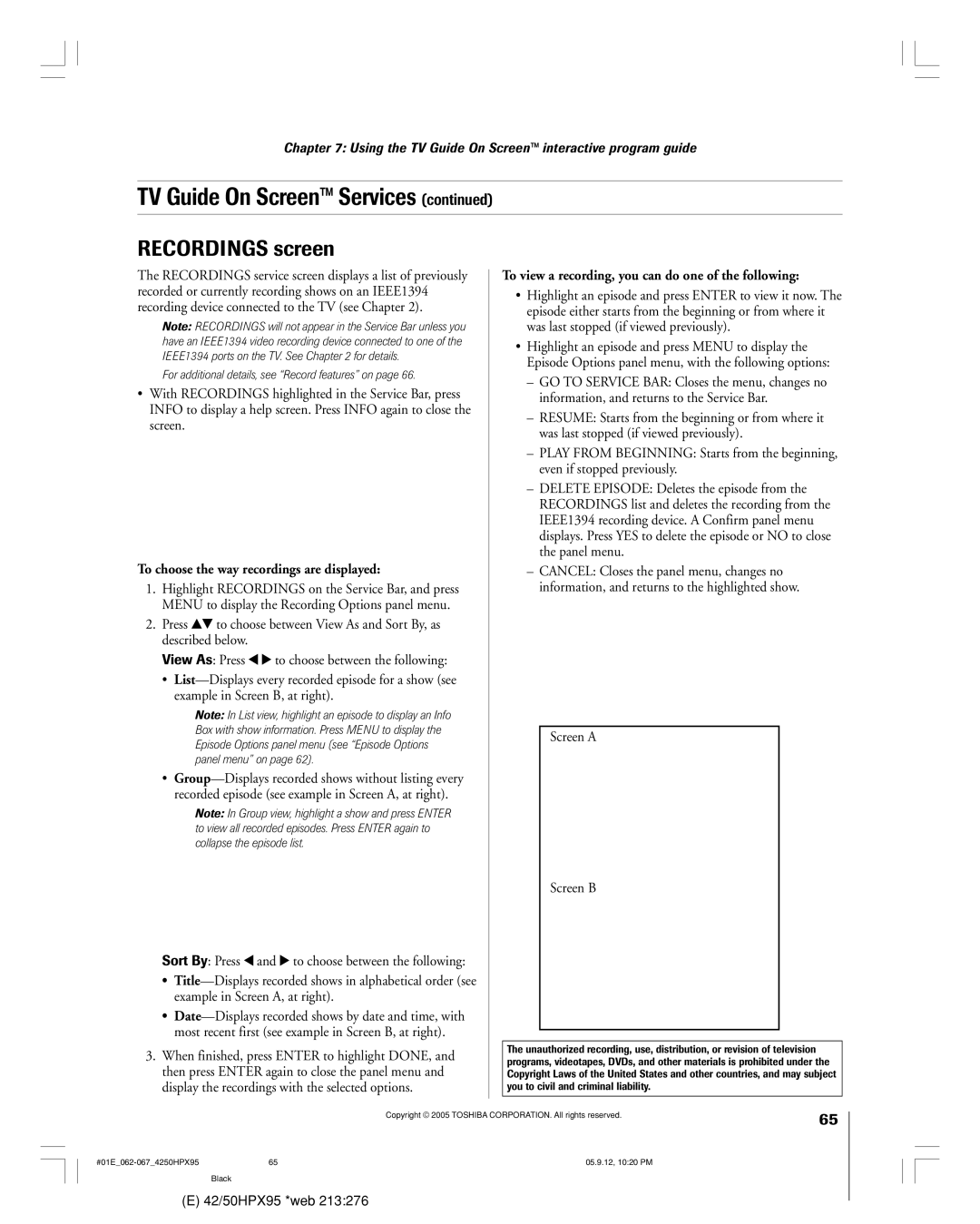 Toshiba 42HPX95 owner manual Recordings screen, To choose the way recordings are displayed, Screen a Screen B 