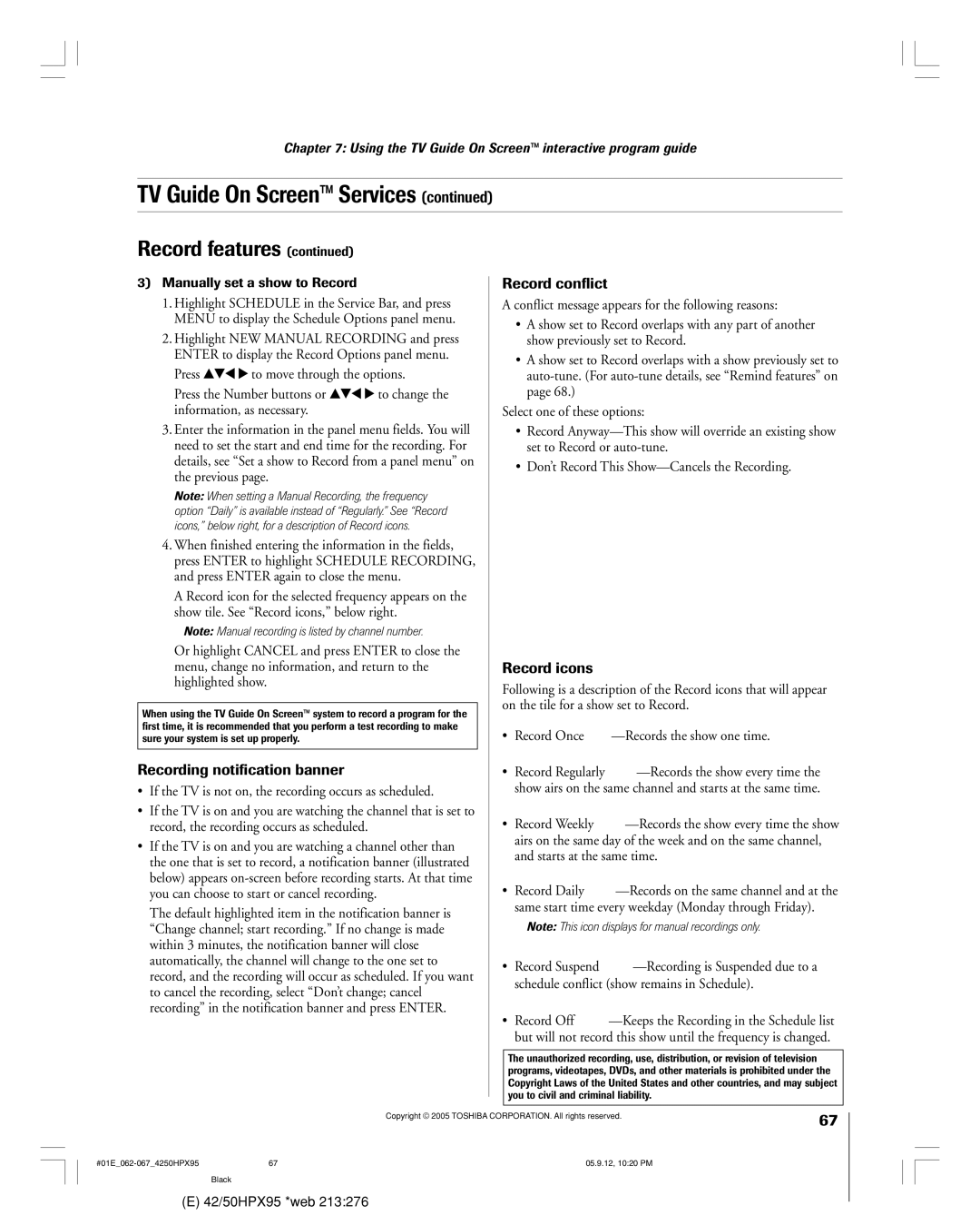 Toshiba 42HPX95 owner manual Recording notification banner, Record conflict, Record icons, Manually set a show to Record 