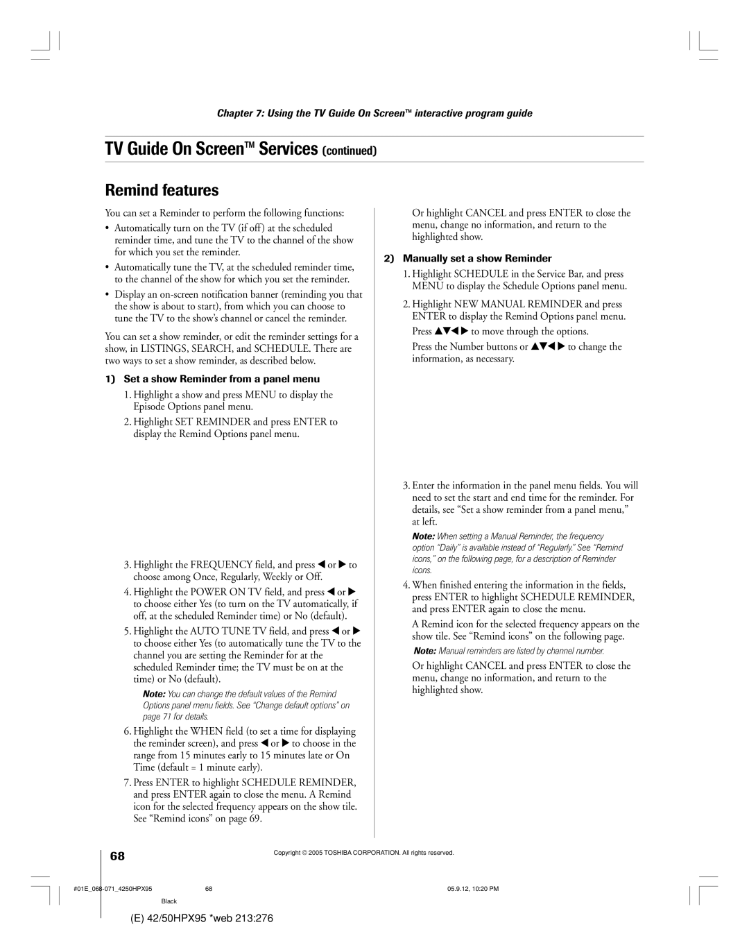 Toshiba 42HPX95 owner manual Remind features, Set a show Reminder from a panel menu, Manually set a show Reminder 