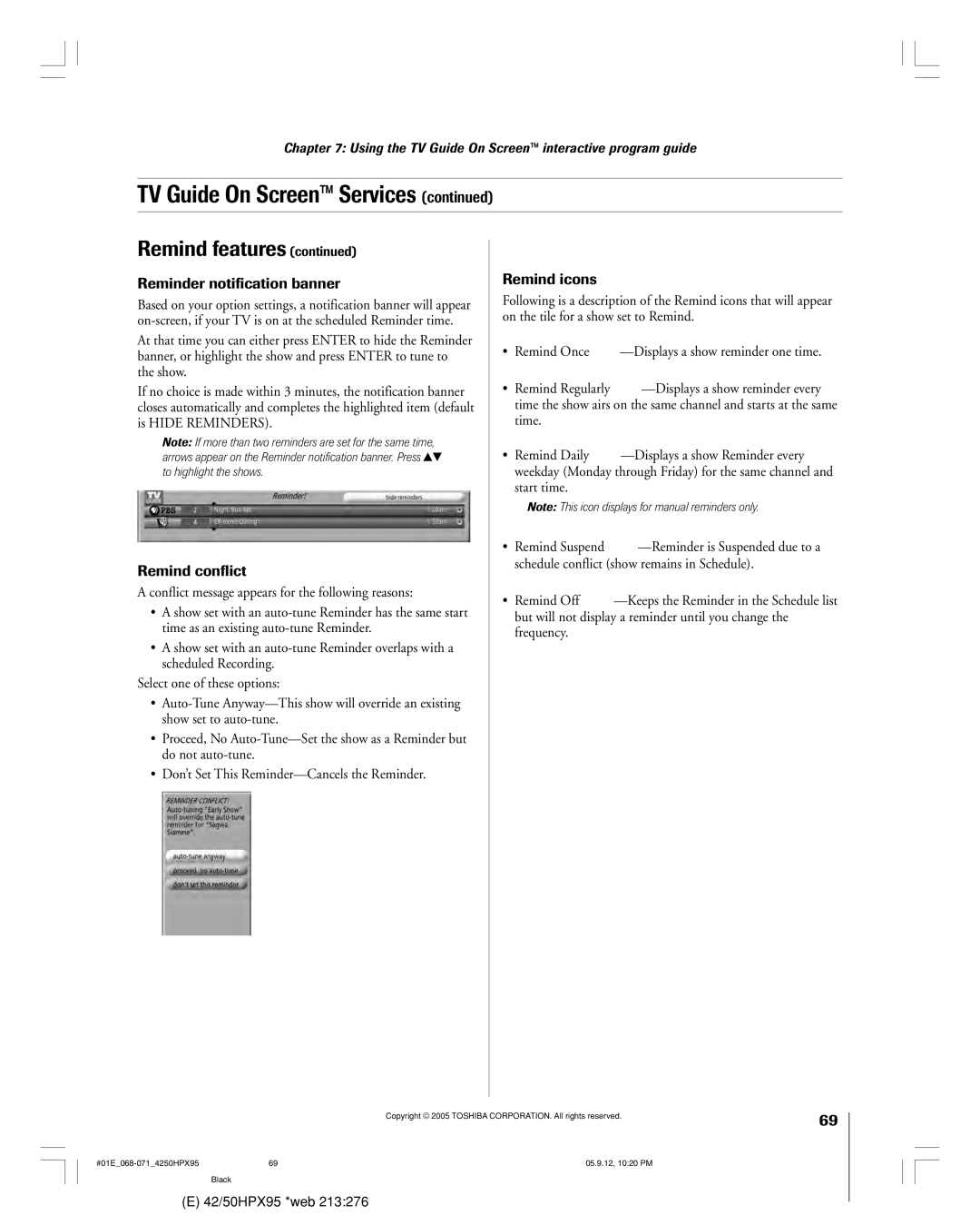 Toshiba 42HPX95 owner manual Reminder notification banner, Remind conflict, Remind icons 