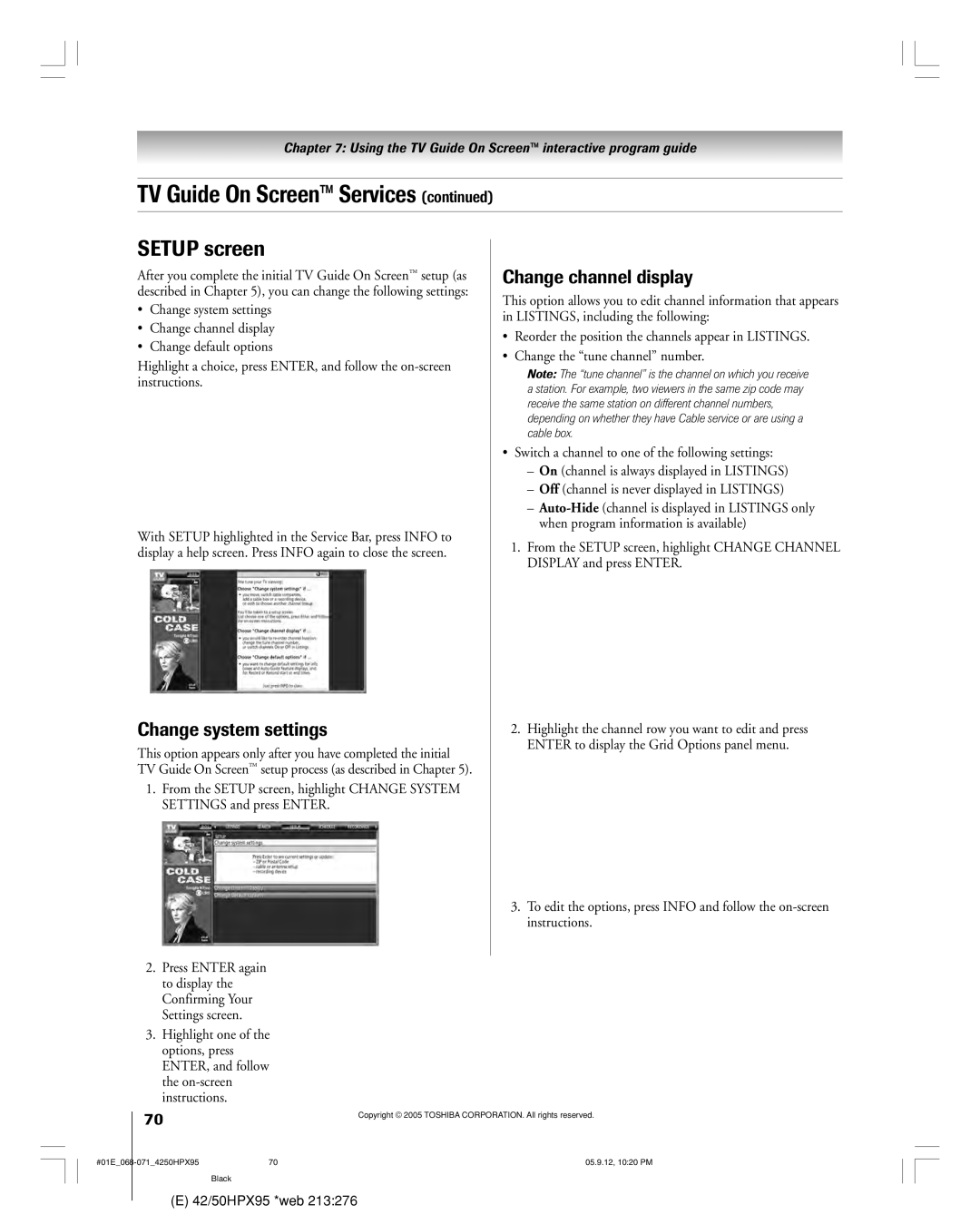 Toshiba 42HPX95 owner manual Setup screen, Change system settings, Change channel display 