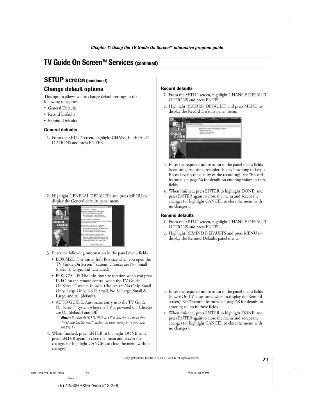 Toshiba 42HPX95 owner manual Change default options, General defaults, Record defaults, Remind defaults 