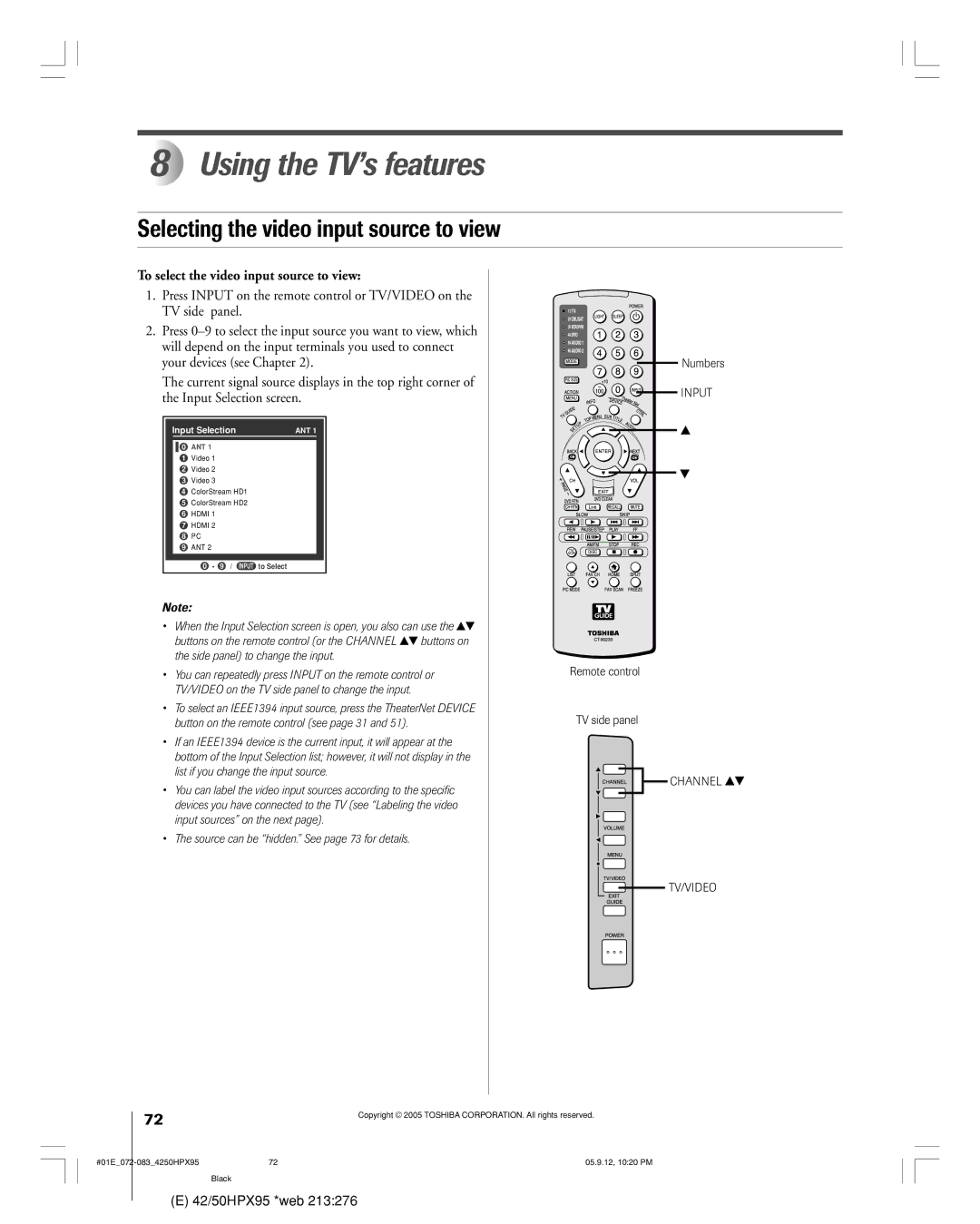 Toshiba 42HPX95 owner manual Using the TV’s features, Selecting the video input source to view 