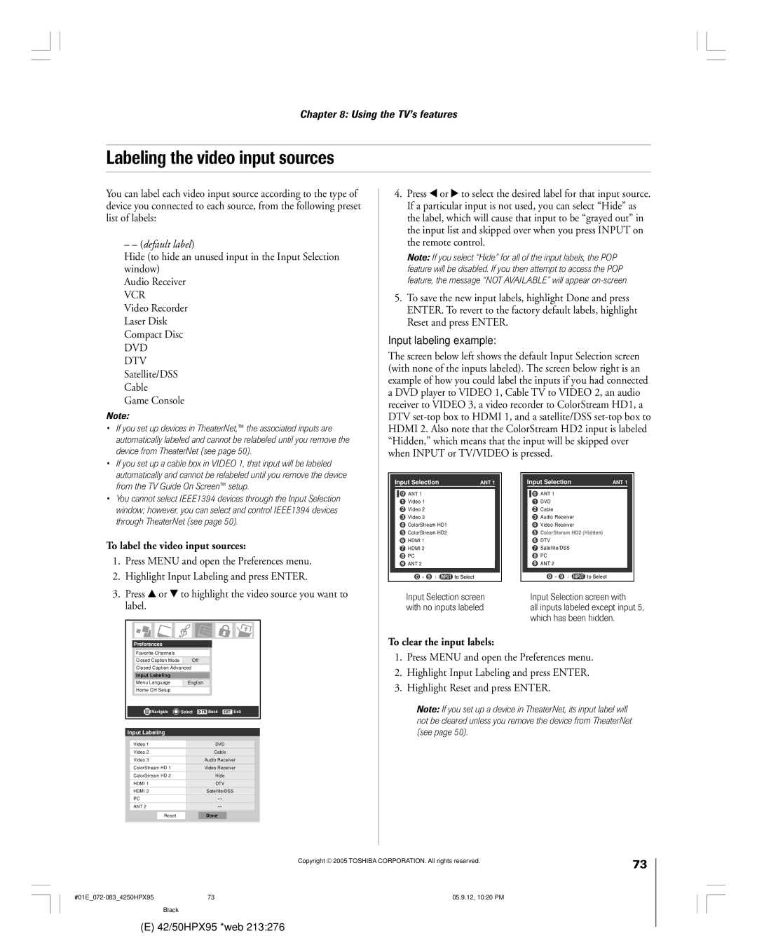 Toshiba 42HPX95 owner manual Labeling the video input sources, DTV Satellite/DSS Cable Game Console, Input labeling example 