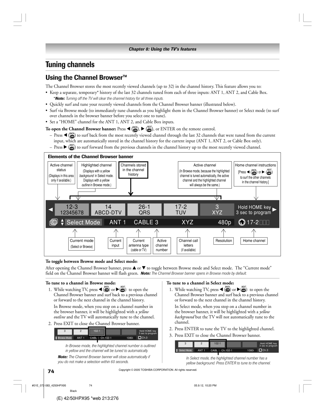 Toshiba 42HPX95 owner manual Tuning channels, Using the Channel Browser, To toggle between Browse mode and Select mode 