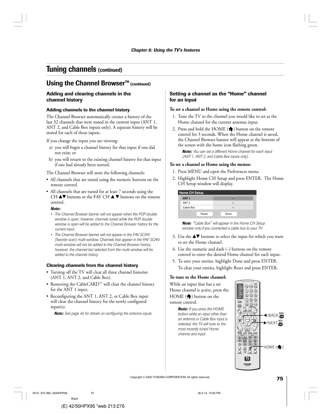 Toshiba 42HPX95 Adding and clearing channels in the channel history, Setting a channel as the Home channel for an input 