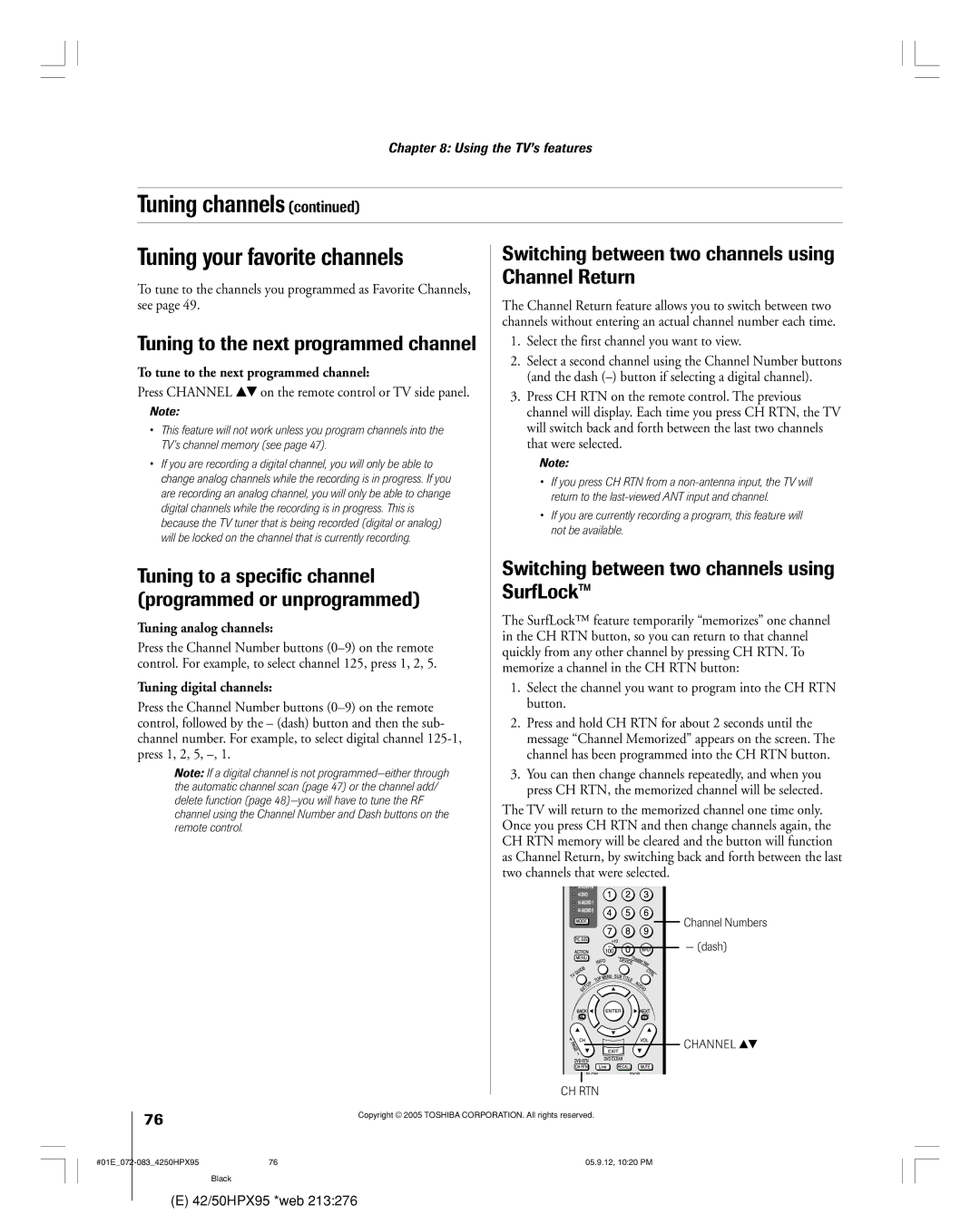 Toshiba 42HPX95 Tuning to a specific channel, SurfLock, Programmed or unprogrammed, Switching between two channels using 