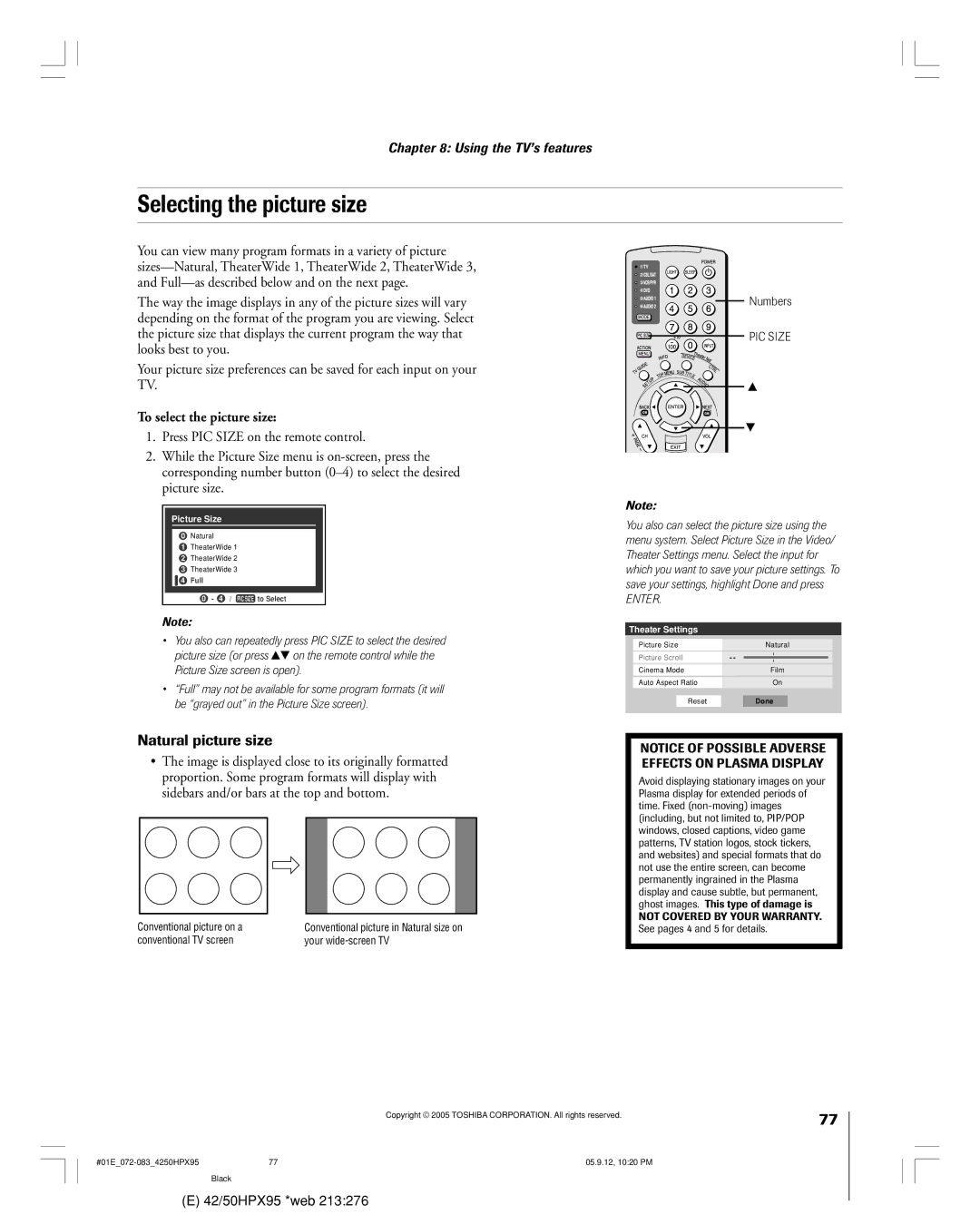 Toshiba 42HPX95 owner manual Selecting the picture size, Natural picture size, To select the picture size, PIC Size 