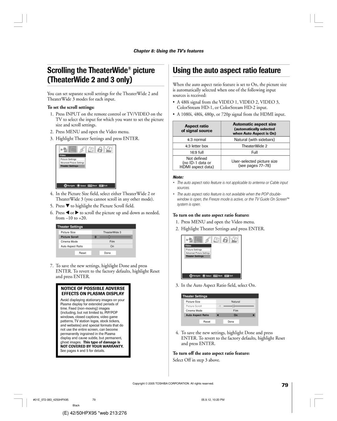 Toshiba 42HPX95 Using the auto aspect ratio feature, Scrolling the TheaterWide picture TheaterWide 2 and 3 only 