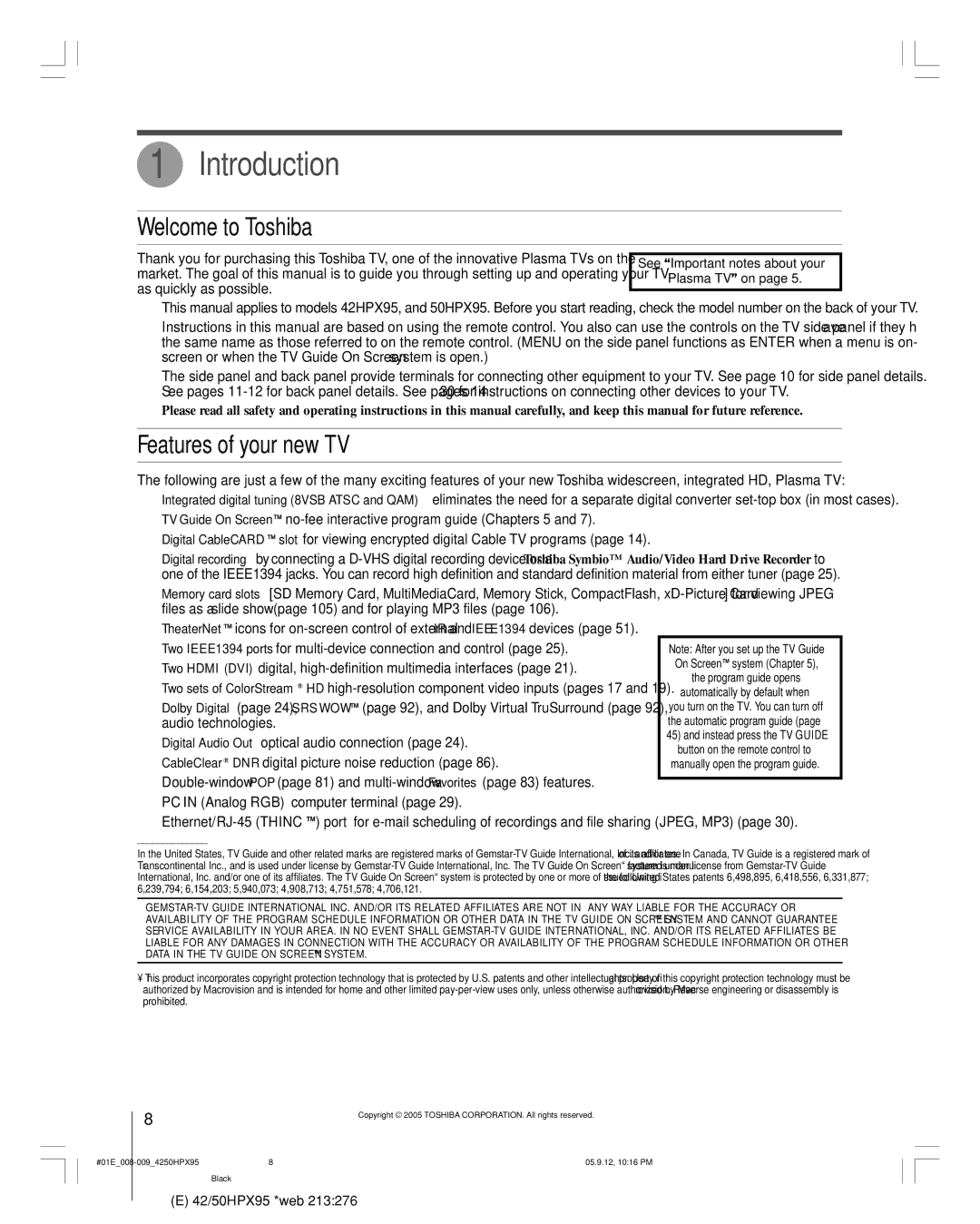 Toshiba 42HPX95 Introduction, Welcome to Toshiba, Features of your new TV, See Important notes about your Plasma TV on 