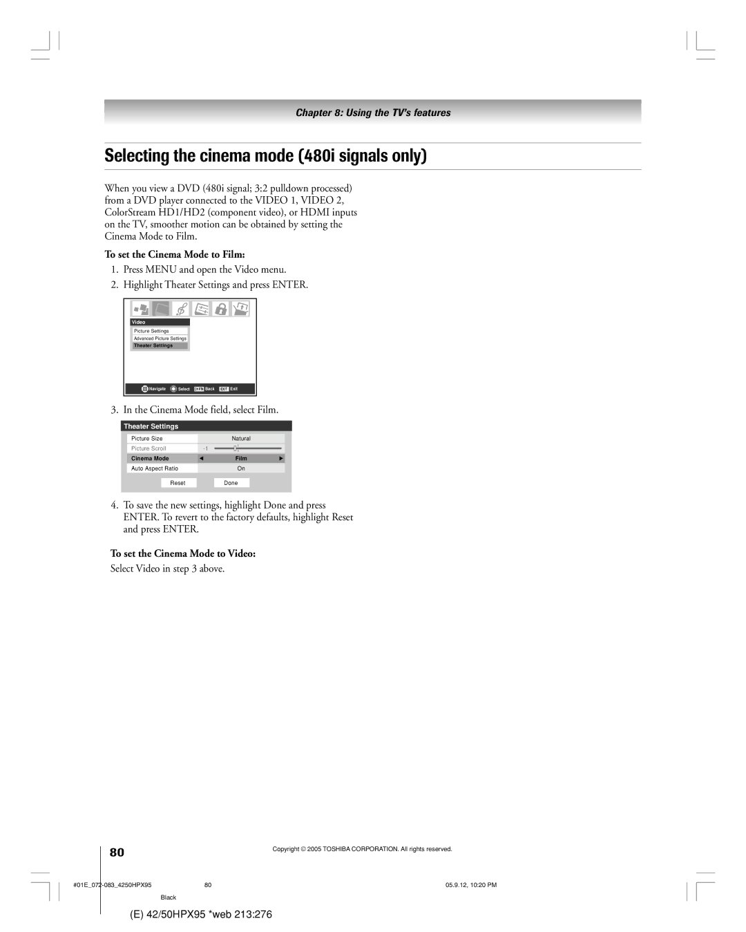 Toshiba 42HPX95 Selecting the cinema mode 480i signals only, To set the Cinema Mode to Film, Select Video in above 