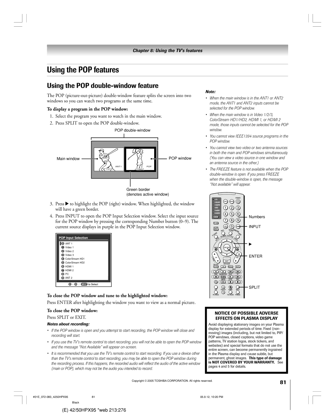 Toshiba 42HPX95 Using the POP features, Using the POP double-window feature, To display a program in the POP window 