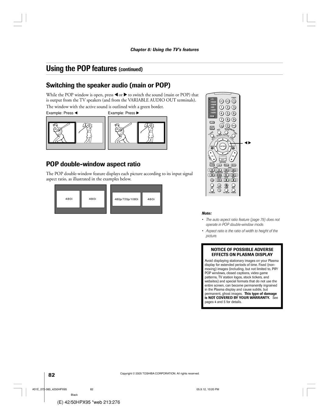 Toshiba 42HPX95 owner manual Switching the speaker audio main or POP, POP double-window aspect ratio 