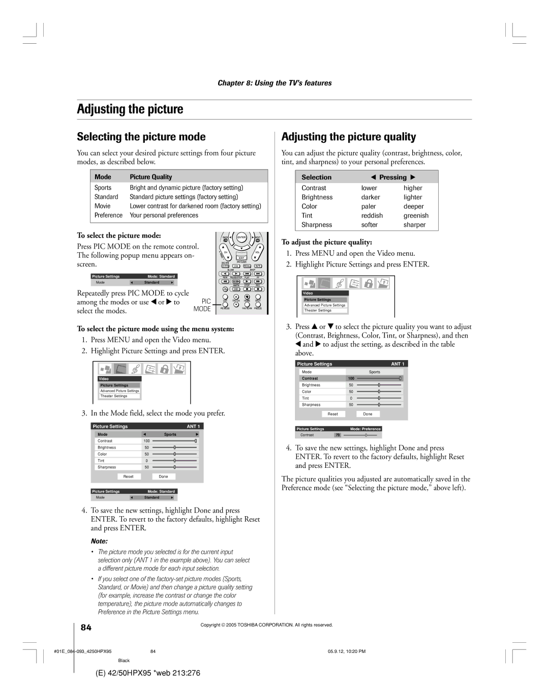 Toshiba 42HPX95 owner manual Selecting the picture mode, Adjusting the picture quality 