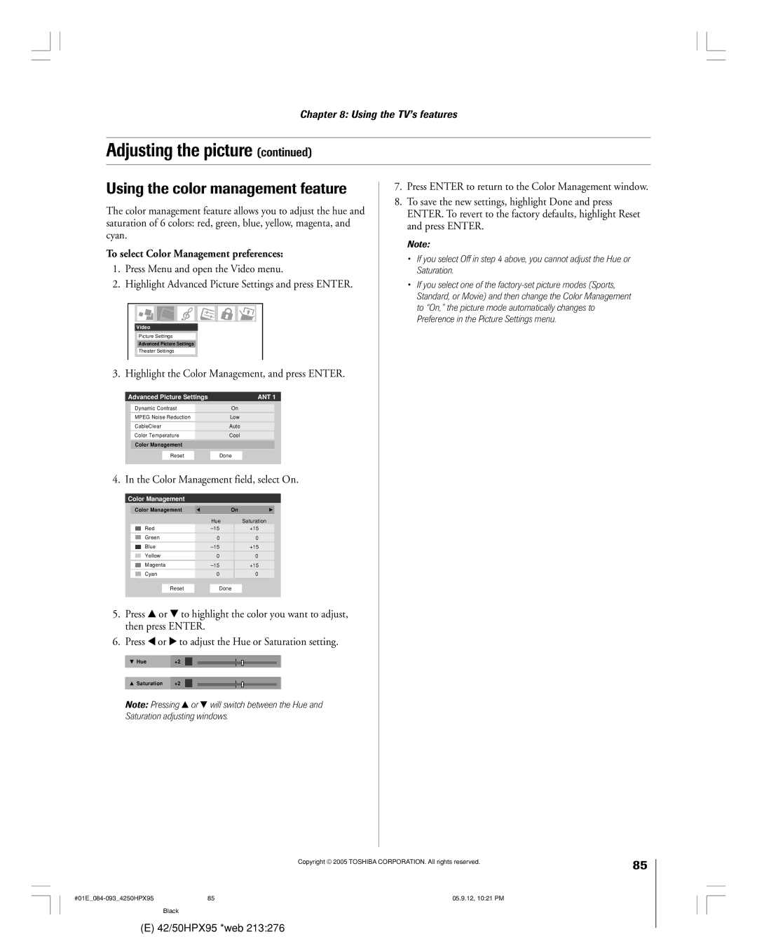 Toshiba 42HPX95 owner manual Using the color management feature, To select Color Management preferences 