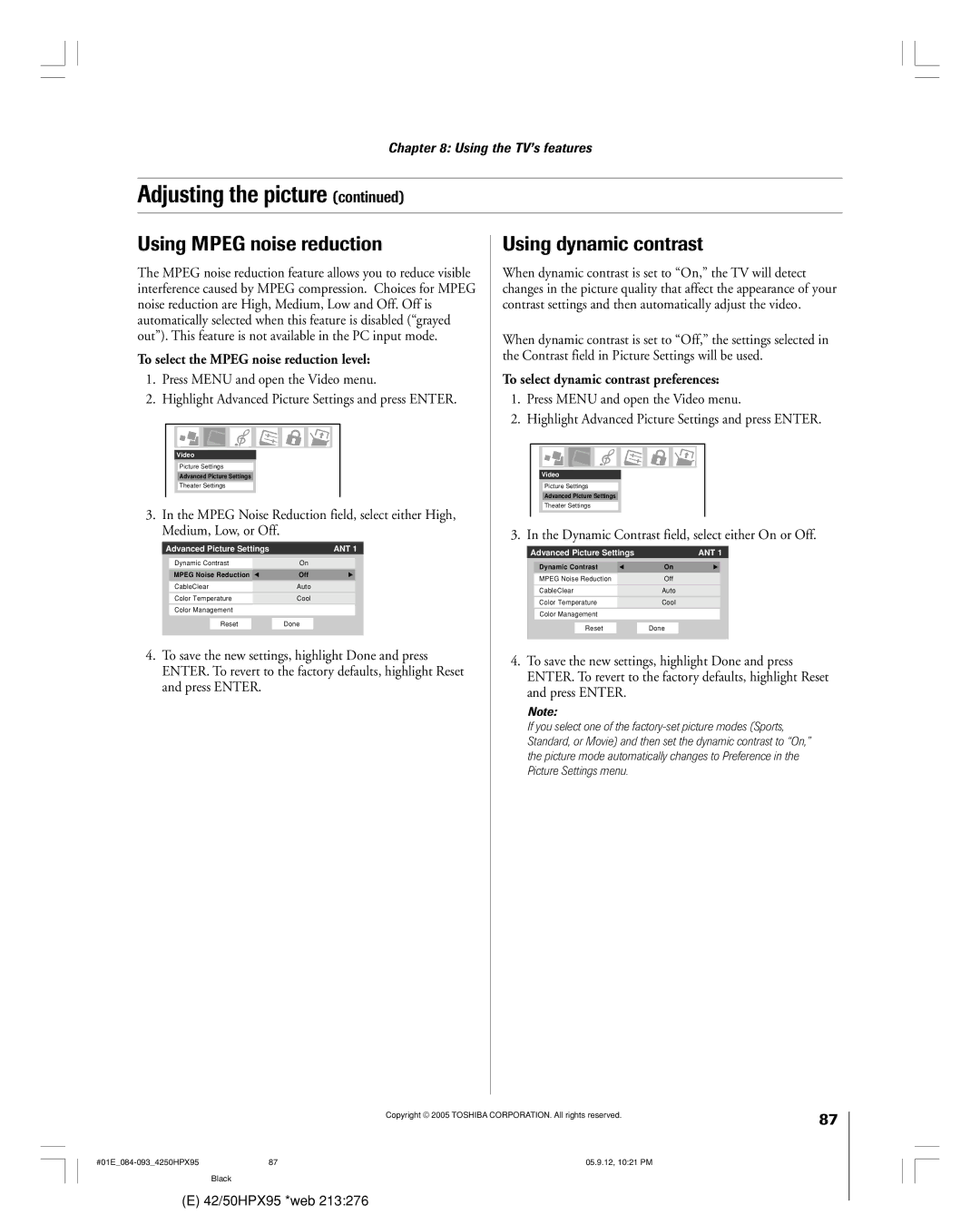 Toshiba 42HPX95 owner manual Using Mpeg noise reduction, Using dynamic contrast, To select the Mpeg noise reduction level 