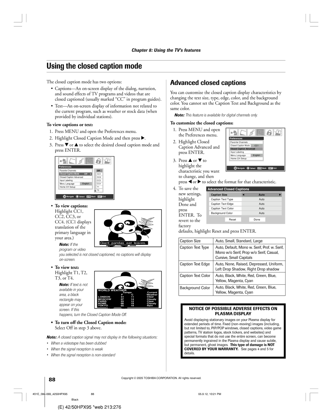 Toshiba 42HPX95 owner manual Using the closed caption mode, Advanced closed captions, To view captions or text 