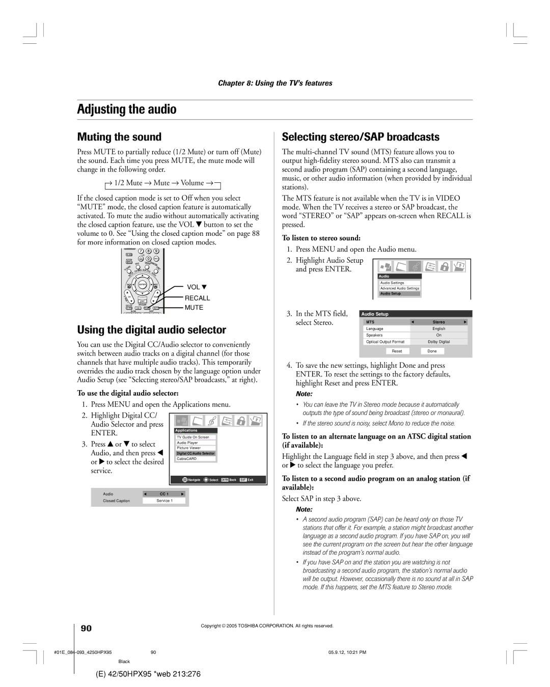 Toshiba 42HPX95 Adjusting the audio, Muting the sound, Using the digital audio selector, Selecting stereo/SAP broadcasts 