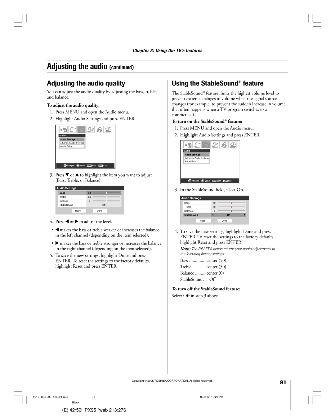 Toshiba 42HPX95 owner manual Adjusting the audio quality, Using the StableSound feature, To adjust the audio quality 