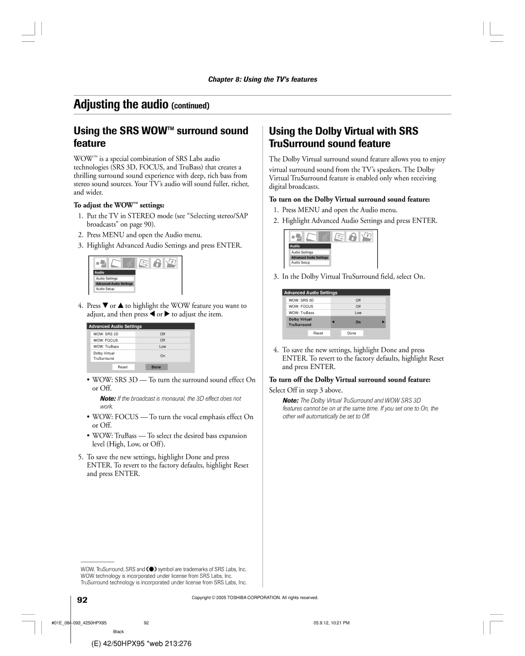 Toshiba 42HPX95 Using the SRS WOW surround sound feature, Using the Dolby Virtual with SRS TruSurround sound feature 