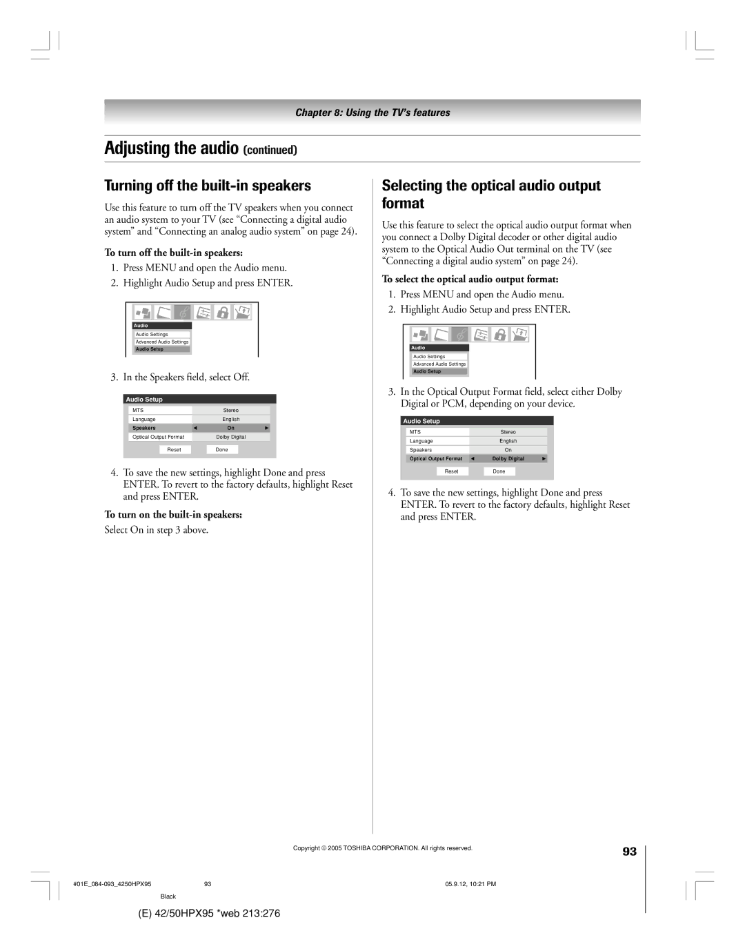 Toshiba 42HPX95 owner manual Turning off the built-in speakers, Selecting the optical audio output format 