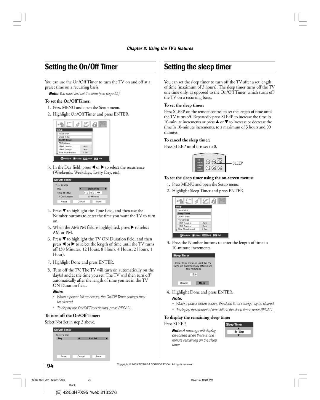 Toshiba 42HPX95 owner manual Setting the On/Off Timer, Setting the sleep timer 