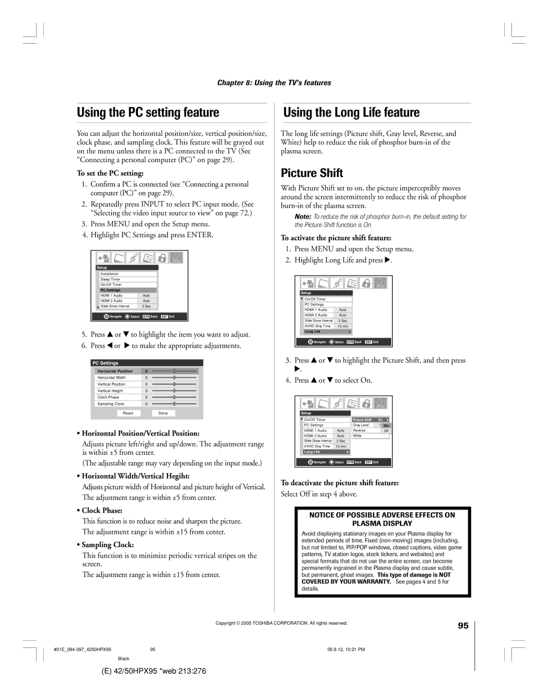 Toshiba 42HPX95 owner manual Using the PC setting feature, Using the Long Life feature, Picture Shift 