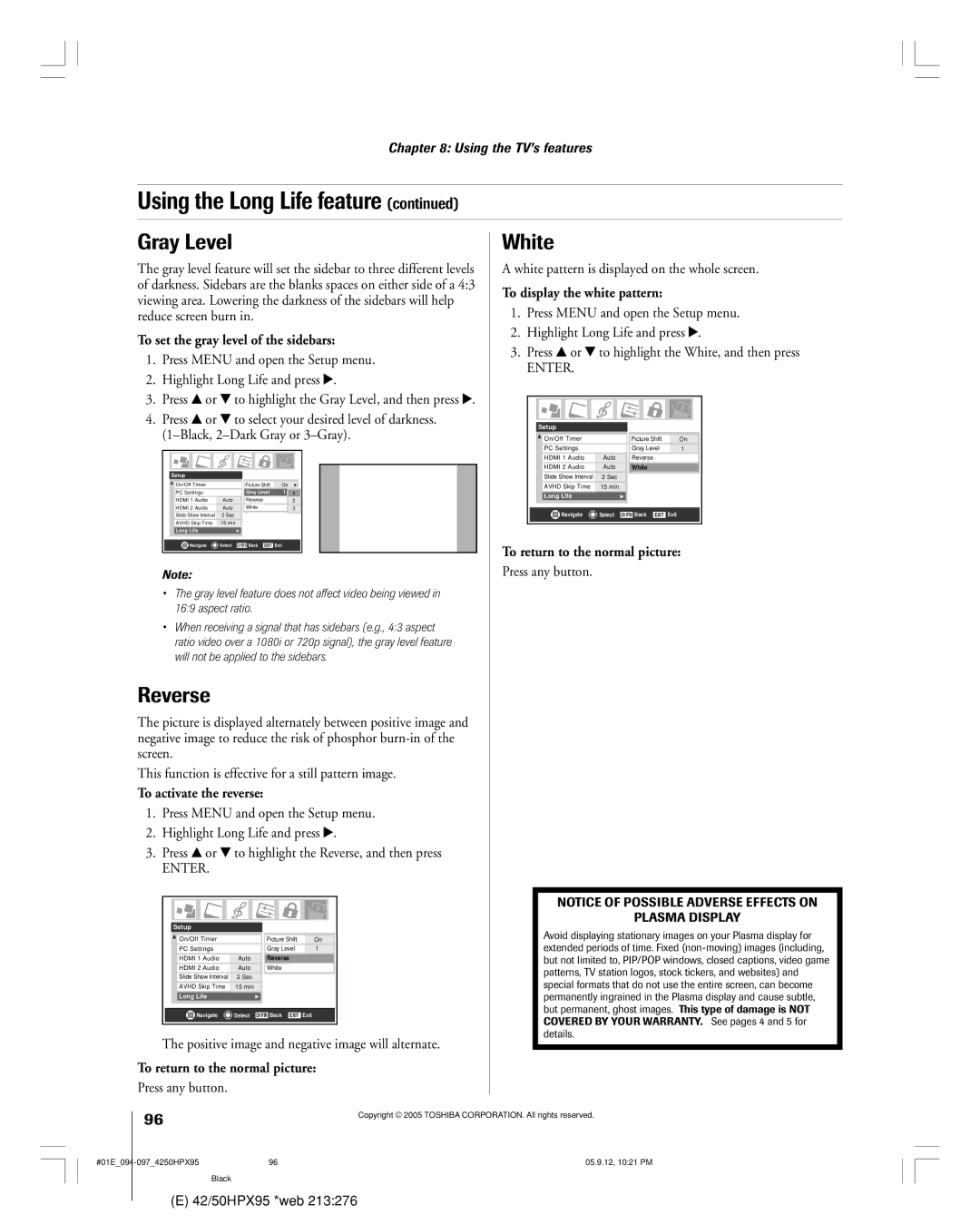 Toshiba 42HPX95 owner manual Gray Level, Reverse, White 