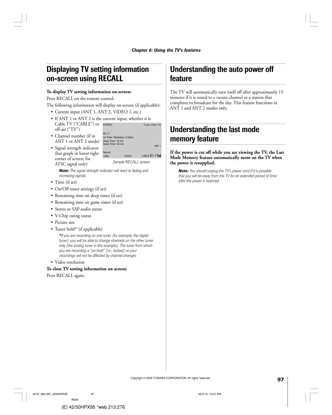 Toshiba 42HPX95 owner manual Understanding the auto power off feature, Understanding the last mode memory feature 