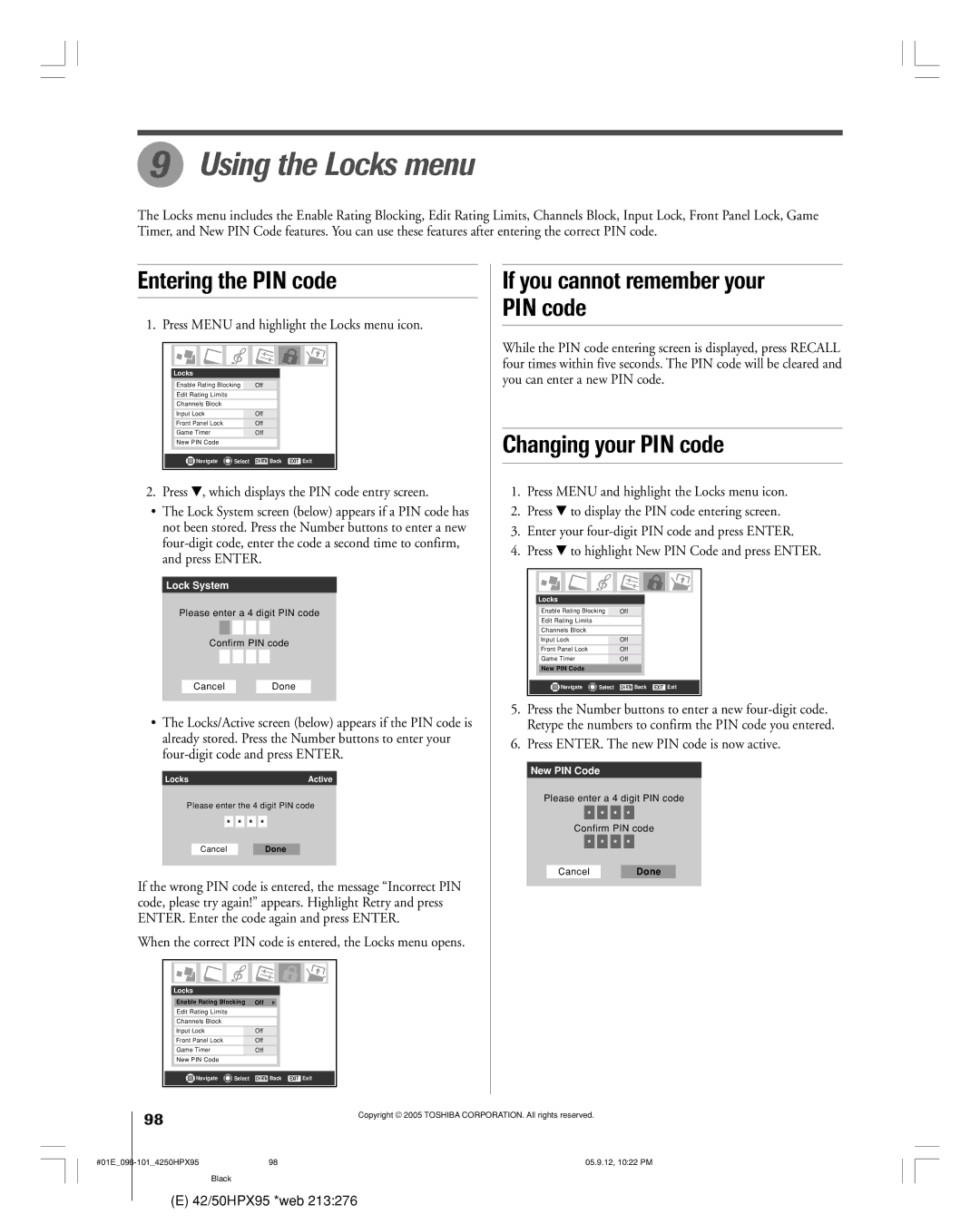 Toshiba 42HPX95 Using the Locks menu, Entering the PIN code, If you cannot remember your PIN code, Changing your PIN code 