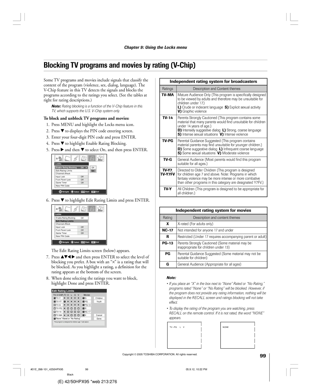 Toshiba 42HPX95 owner manual Blocking TV programs and movies by rating V-Chip, To block and unblock TV programs and movies 