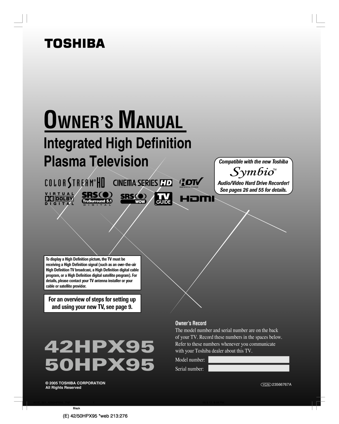 Toshiba owner manual 42HPX95 50HPX95, Owner’S Manual, Plasma Television, Integrated High Definition, Owner’s Record 