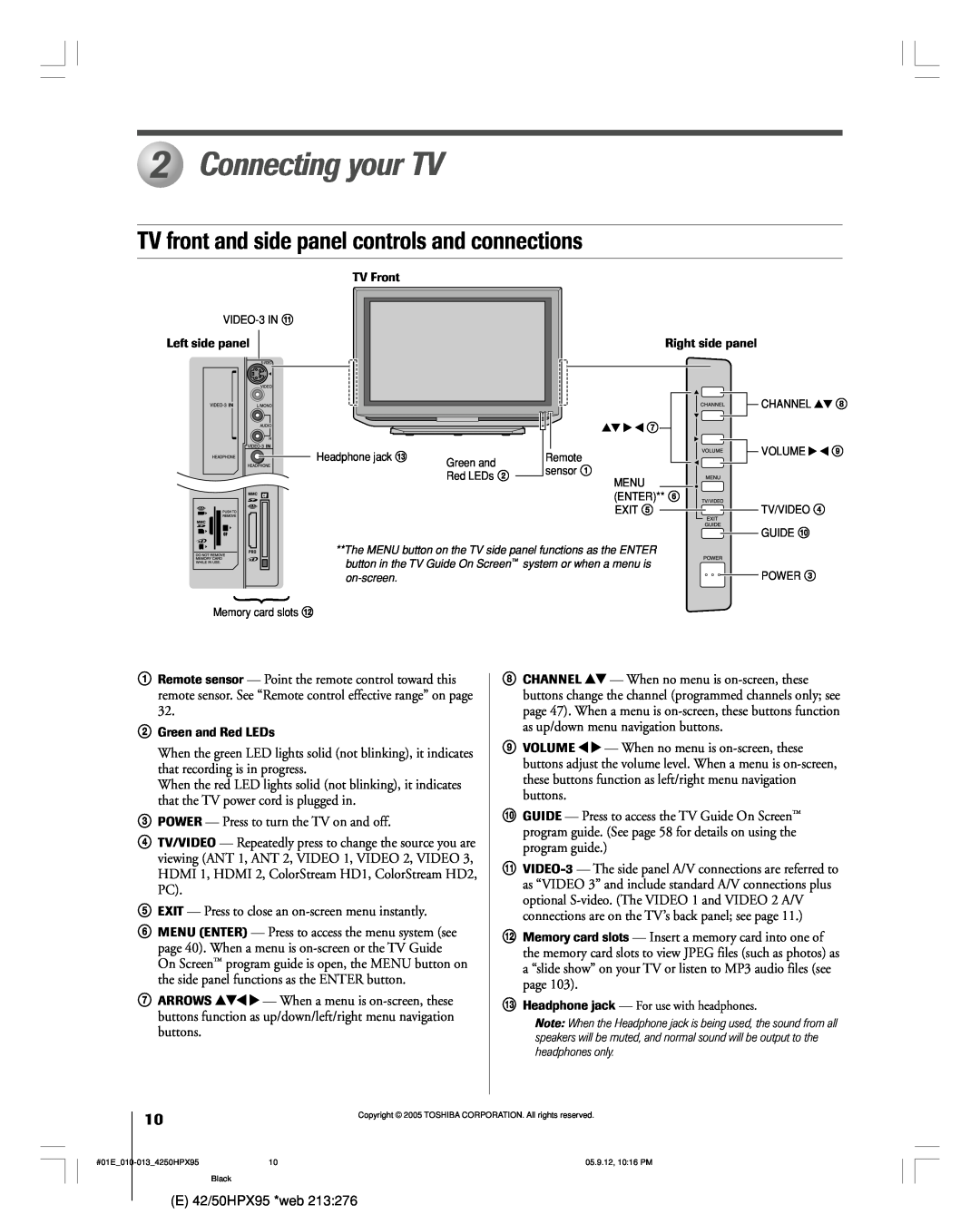 Toshiba 42HPX95 owner manual Connecting your TV, TV front and side panel controls and connections 